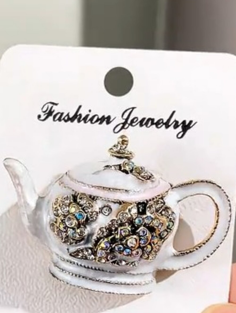 Fashion Jewelry White and Gold Teapot Brooch with Crystal Accents